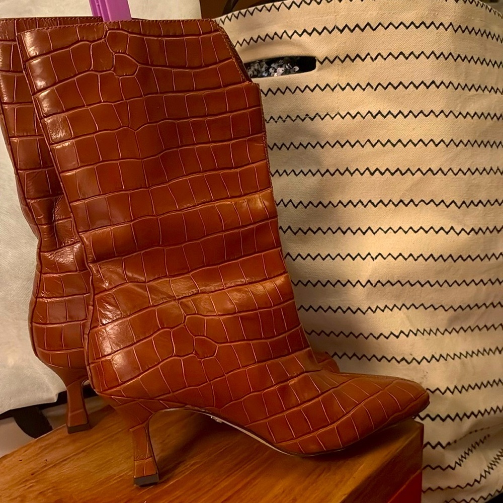 Sam Edelman Brown Croc-Embossed Heeled Boots